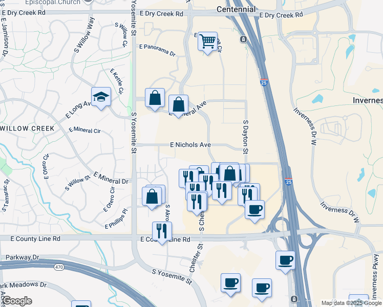 map of restaurants, bars, coffee shops, grocery stores, and more near 8005 South Chester Street in Centennial