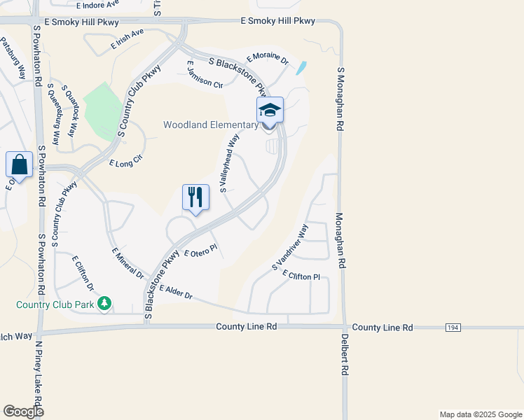 map of restaurants, bars, coffee shops, grocery stores, and more near 8058 South Valleyhead Way in Aurora