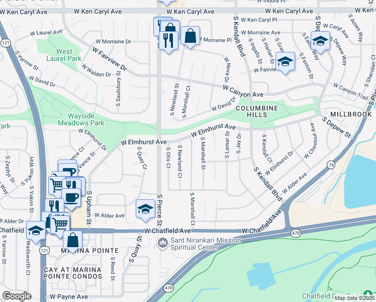 map of restaurants, bars, coffee shops, grocery stores, and more near 7981 South Marshall Court in Littleton