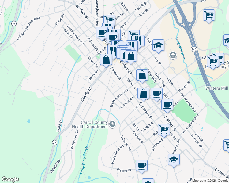 map of restaurants, bars, coffee shops, grocery stores, and more near 70 Madison Street in Westminster