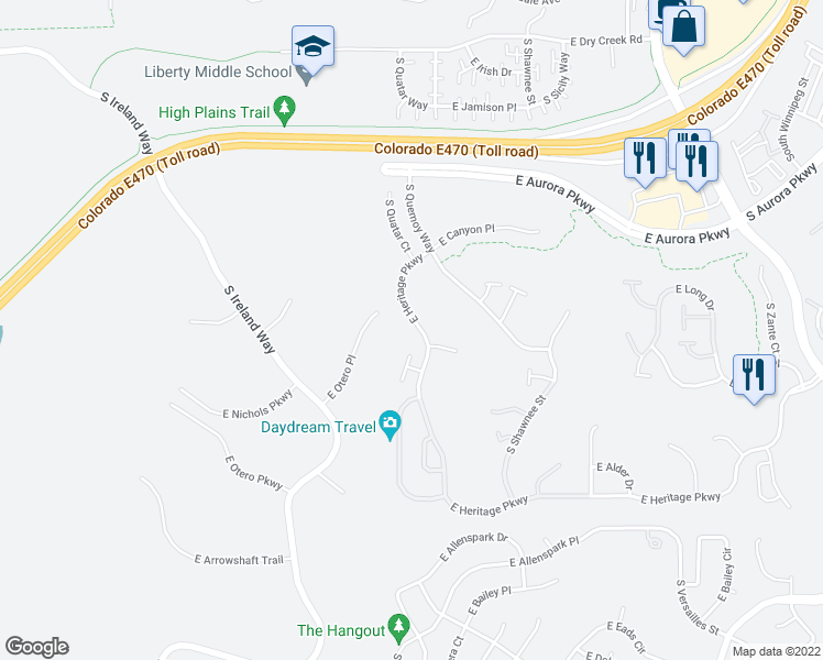 map of restaurants, bars, coffee shops, grocery stores, and more near 21800 East Heritage Parkway in Aurora