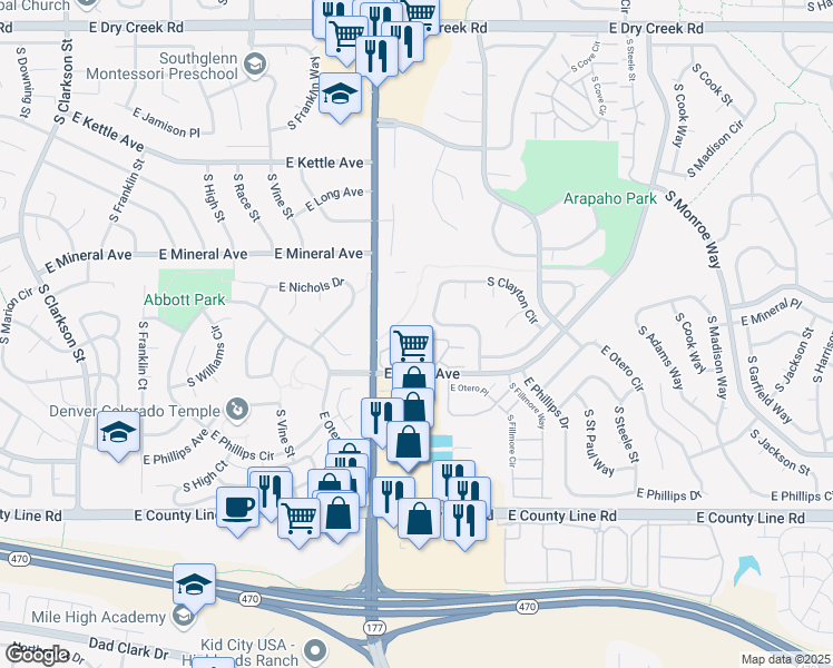 map of restaurants, bars, coffee shops, grocery stores, and more near 2582 East Nichols Circle in Centennial