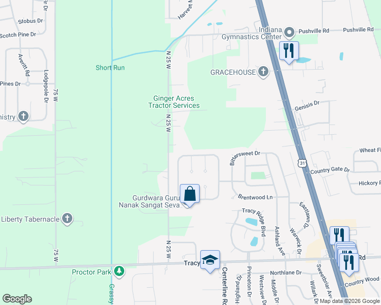 map of restaurants, bars, coffee shops, grocery stores, and more near 91 Hilltop Farms Boulevard in Whiteland