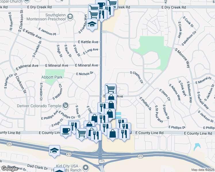 map of restaurants, bars, coffee shops, grocery stores, and more near 2557 East Nichols Circle in Centennial