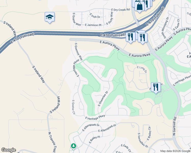 map of restaurants, bars, coffee shops, grocery stores, and more near 7999 South Quemoy Way in Aurora