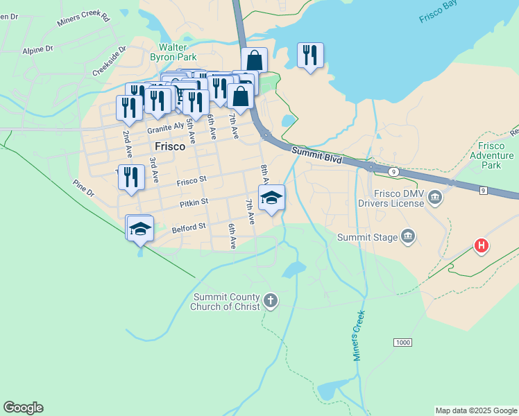 map of restaurants, bars, coffee shops, grocery stores, and more near 711 Belford Street in Frisco