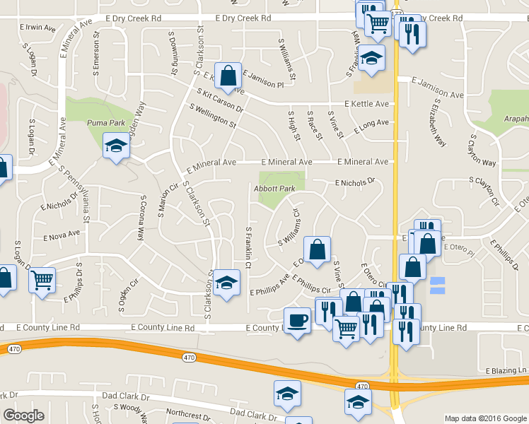 map of restaurants, bars, coffee shops, grocery stores, and more near 1732 East Nichols Avenue in Centennial