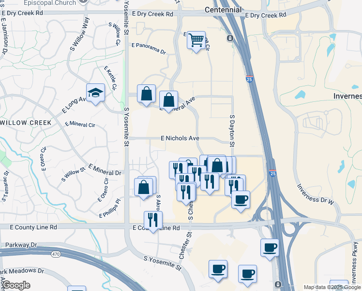 map of restaurants, bars, coffee shops, grocery stores, and more near 8005 S Chester St in Centennial