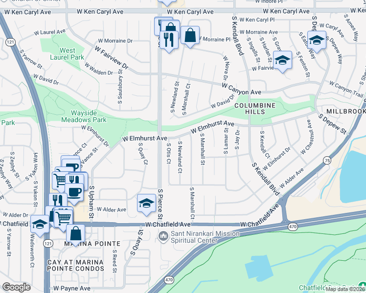 map of restaurants, bars, coffee shops, grocery stores, and more near 7981 South Marshall Court in Littleton