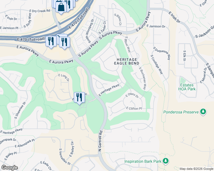map of restaurants, bars, coffee shops, grocery stores, and more near 23427 East Heritage Parkway in Aurora