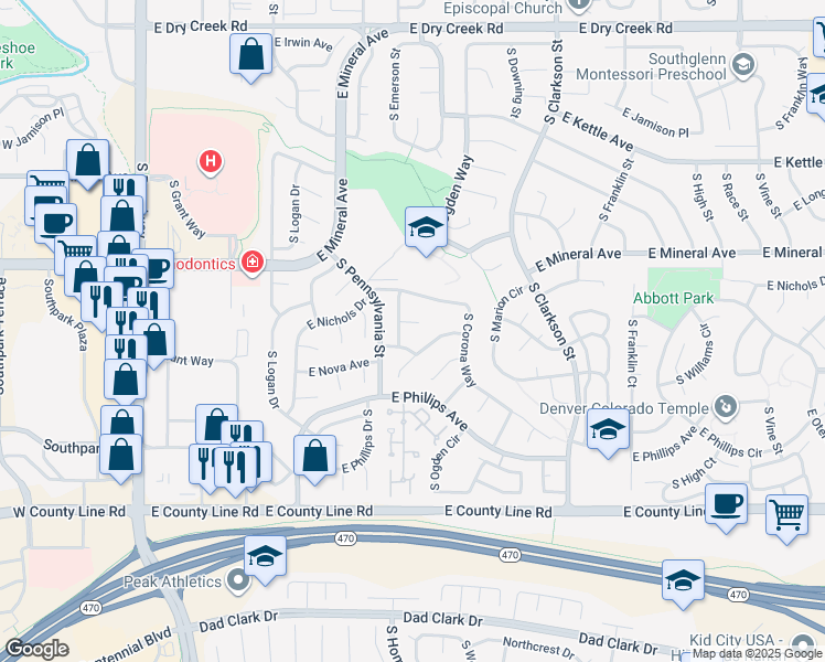 map of restaurants, bars, coffee shops, grocery stores, and more near 7922 South Corona Court in Centennial