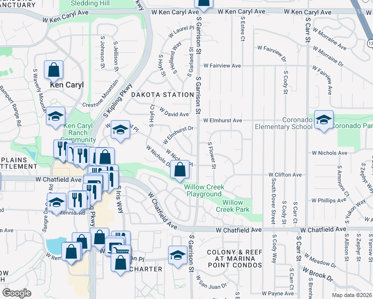 map of restaurants, bars, coffee shops, grocery stores, and more near 9275 W Friend Dr in Littleton