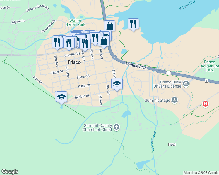 map of restaurants, bars, coffee shops, grocery stores, and more near 711 Belford Street in Frisco