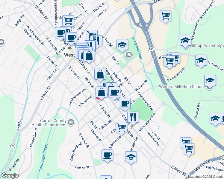 map of restaurants, bars, coffee shops, grocery stores, and more near 22 North Center Street in Westminster