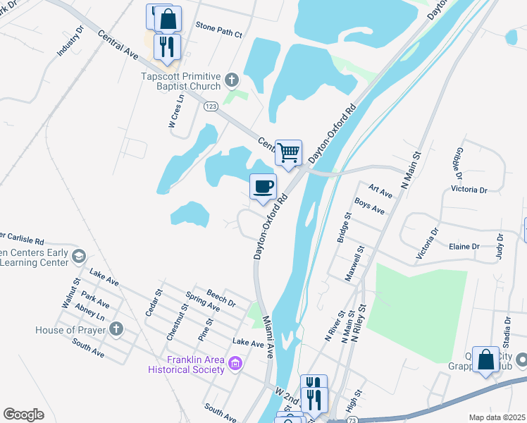 map of restaurants, bars, coffee shops, grocery stores, and more near 749 Dayton-Oxford Road in Carlisle