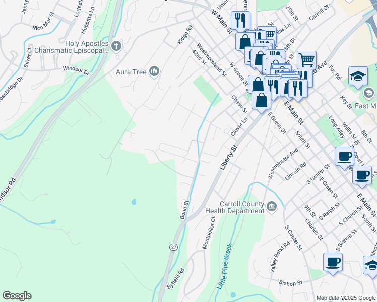 map of restaurants, bars, coffee shops, grocery stores, and more near 117 Sunnybrook Lane in Westminster