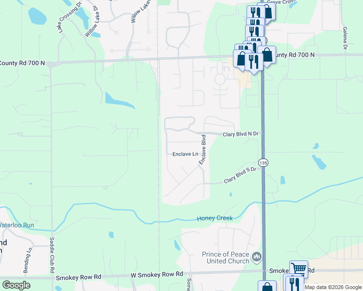 map of restaurants, bars, coffee shops, grocery stores, and more near 3381 Enclave Crossing in Greenwood