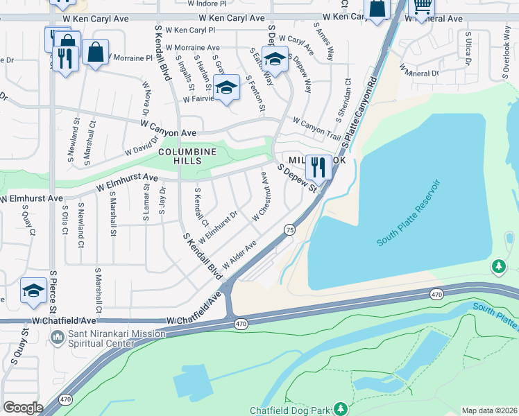 map of restaurants, bars, coffee shops, grocery stores, and more near 5701 West Chestnut Avenue in Littleton