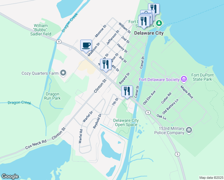 map of restaurants, bars, coffee shops, grocery stores, and more near 3A Hamilton Place in Delaware City
