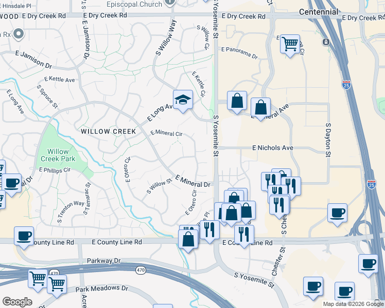 map of restaurants, bars, coffee shops, grocery stores, and more near 8694 East Mineral Circle in Centennial