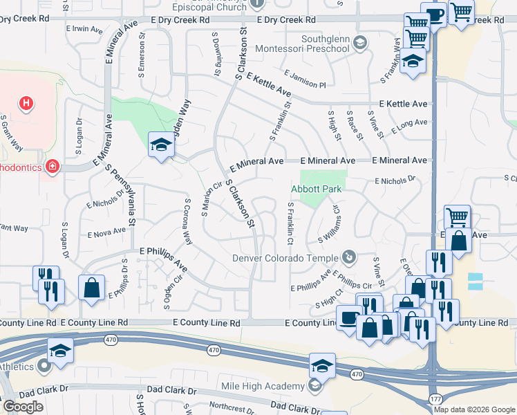 map of restaurants, bars, coffee shops, grocery stores, and more near 1408 East Nichols Circle in Centennial