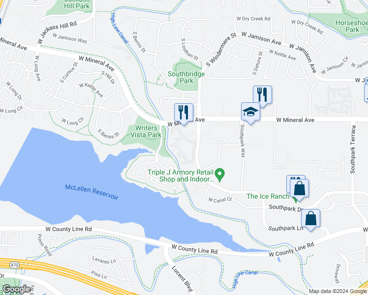 map of restaurants, bars, coffee shops, grocery stores, and more near 1652 West Canal Circle in Littleton