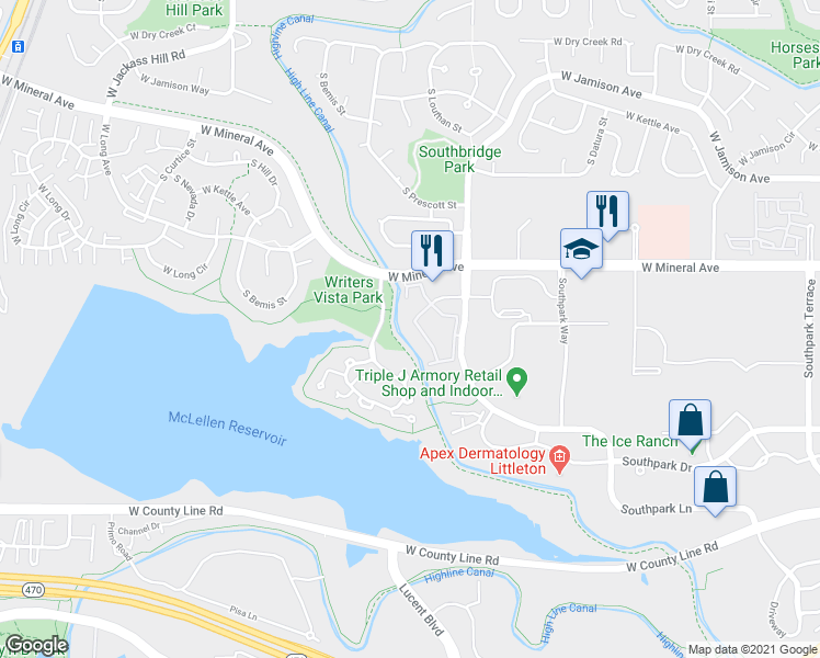 map of restaurants, bars, coffee shops, grocery stores, and more near 1652 West Canal Circle in Littleton