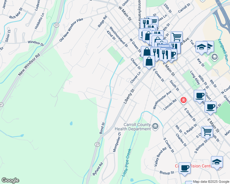 map of restaurants, bars, coffee shops, grocery stores, and more near 115 Bond Street in Westminster