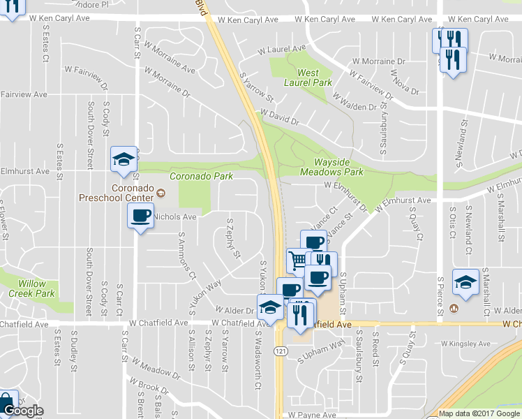 map of restaurants, bars, coffee shops, grocery stores, and more near 8006 South Yukon Way in Littleton
