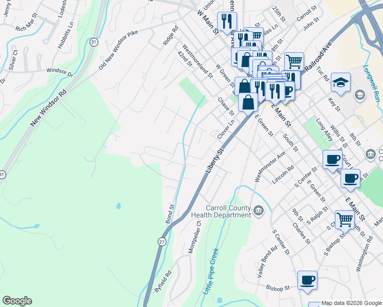 map of restaurants, bars, coffee shops, grocery stores, and more near 115 Bond Street in Westminster