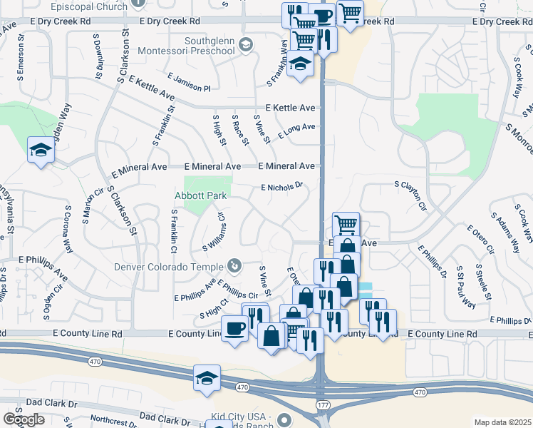 map of restaurants, bars, coffee shops, grocery stores, and more near 2151 East Otero Circle in Centennial