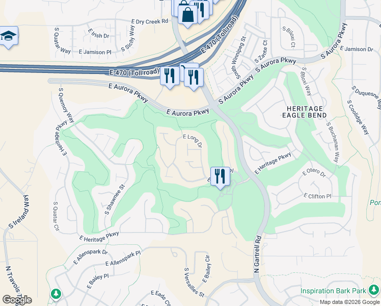 map of restaurants, bars, coffee shops, grocery stores, and more near 22824 East Canyon Place in Aurora
