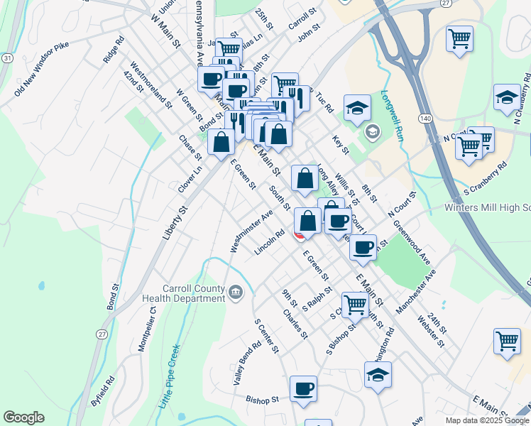 map of restaurants, bars, coffee shops, grocery stores, and more near 112 East Green Street in Westminster