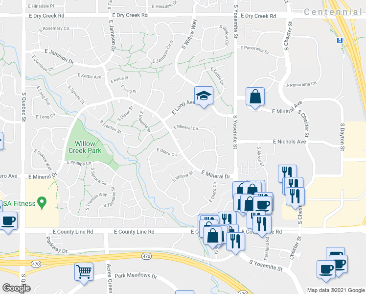 map of restaurants, bars, coffee shops, grocery stores, and more near 7997 South Wabash Court in Centennial