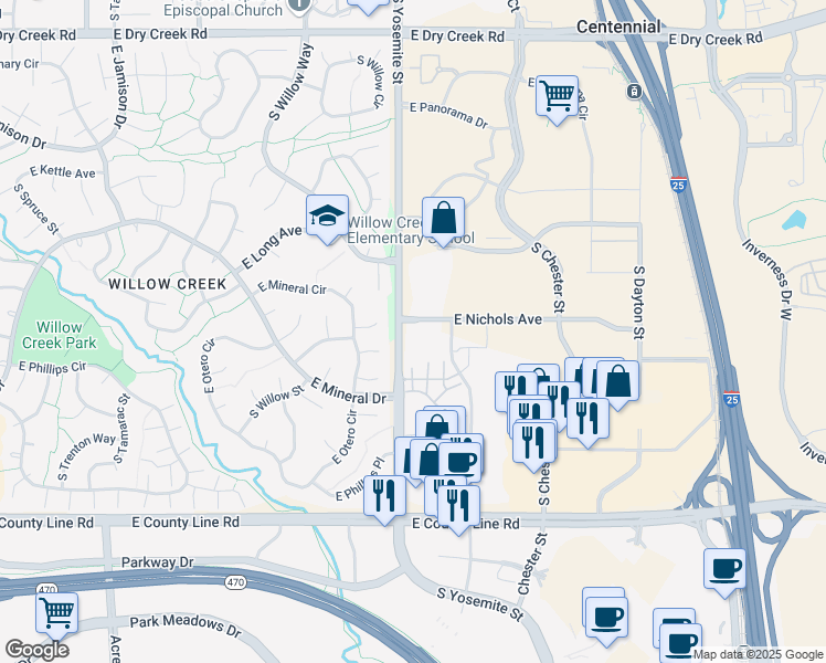 map of restaurants, bars, coffee shops, grocery stores, and more near 9000 East Nichols Avenue in Centennial