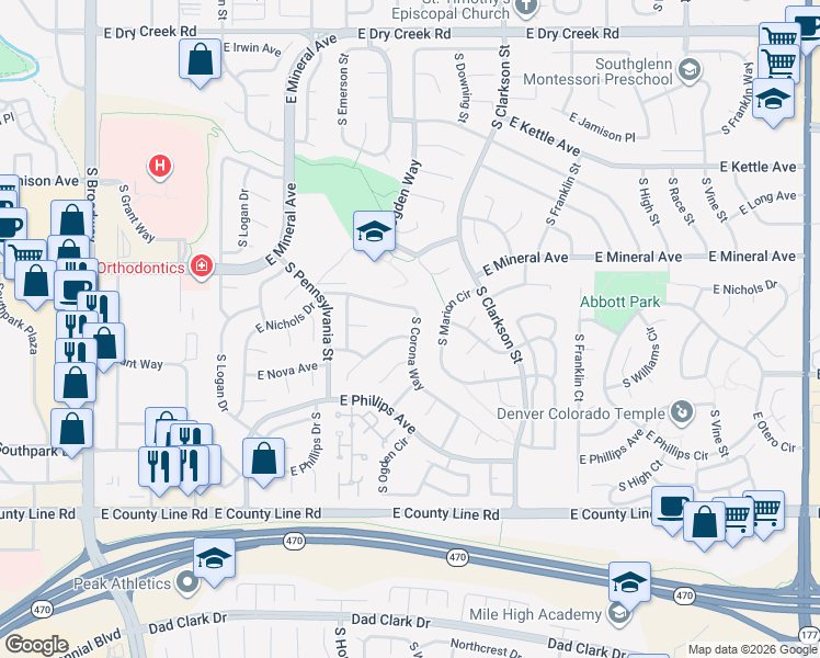 map of restaurants, bars, coffee shops, grocery stores, and more near 1085 E Nichols Ave in Centennial