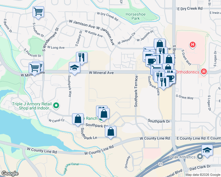 map of restaurants, bars, coffee shops, grocery stores, and more near 700 West Mineral Avenue in Littleton