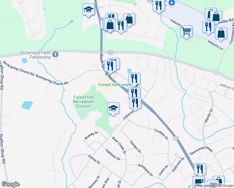 map of restaurants, bars, coffee shops, grocery stores, and more near 2002 Rock Spring Road in Forest Hill