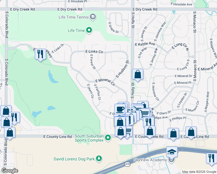 map of restaurants, bars, coffee shops, grocery stores, and more near 5237 East Nichols Drive in Centennial