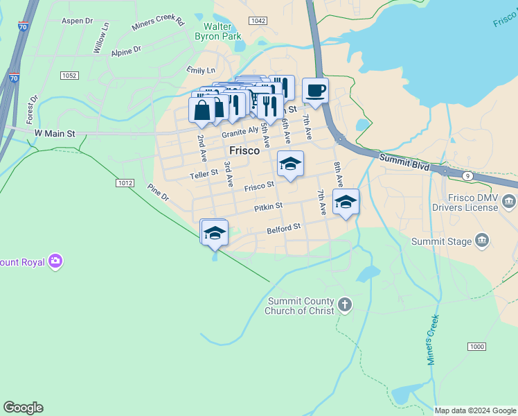 map of restaurants, bars, coffee shops, grocery stores, and more near South 4th Avenue in Frisco