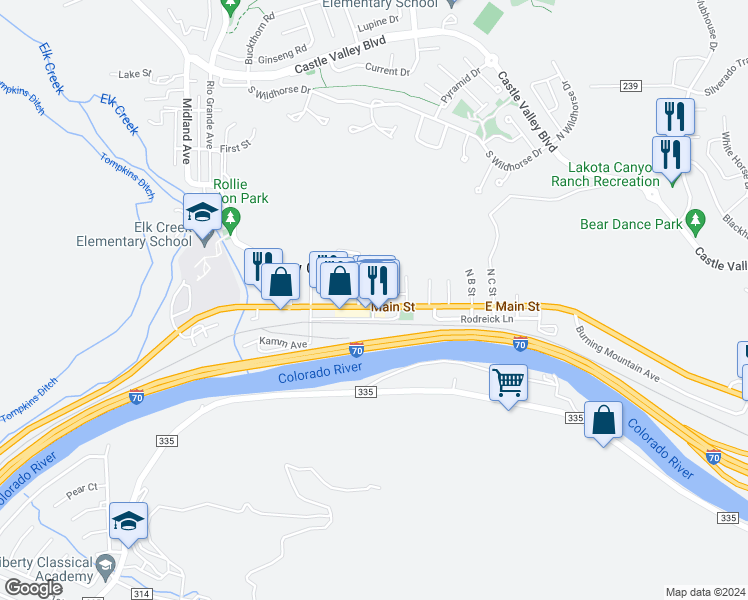 map of restaurants, bars, coffee shops, grocery stores, and more near 312 Main Street in New Castle
