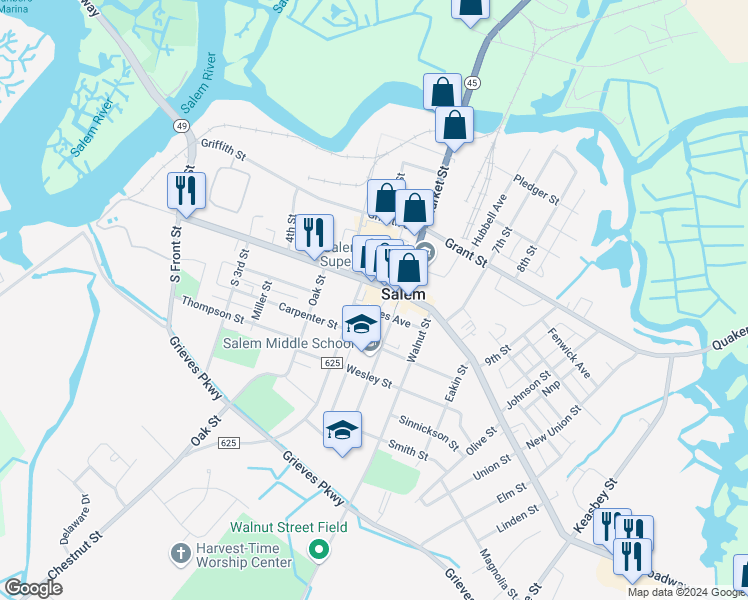 map of restaurants, bars, coffee shops, grocery stores, and more near 1 New Market Street in Salem