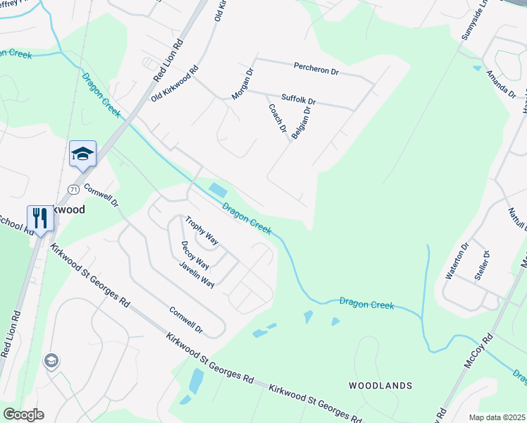 map of restaurants, bars, coffee shops, grocery stores, and more near 97 North Dragon Drive in Bear
