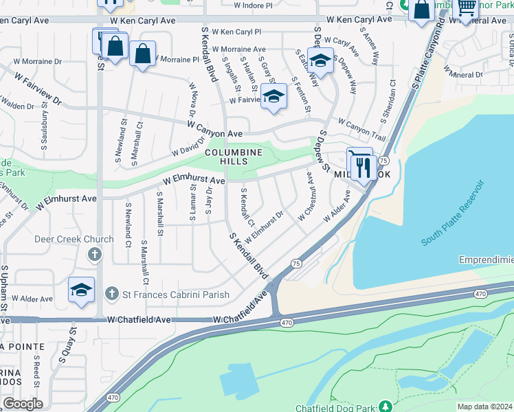 map of restaurants, bars, coffee shops, grocery stores, and more near 7987 Chestnut Drive in Littleton
