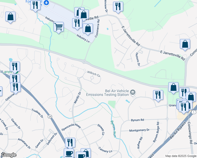 map of restaurants, bars, coffee shops, grocery stores, and more near 307 Willrich Circle in Forest Hill
