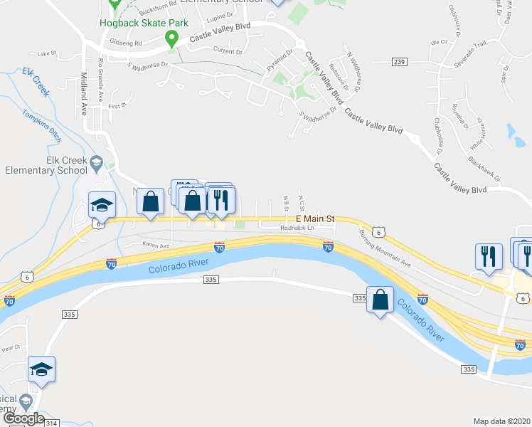 map of restaurants, bars, coffee shops, grocery stores, and more near 162 East Main Street in New Castle
