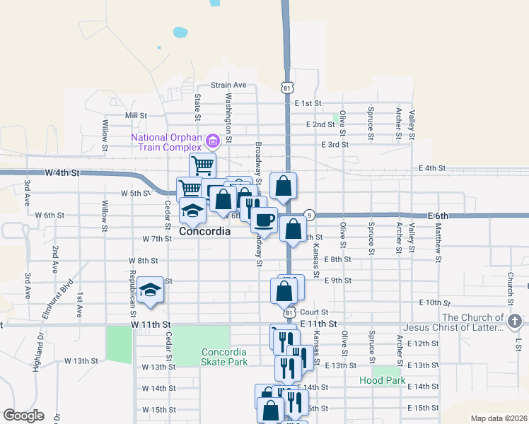 map of restaurants, bars, coffee shops, grocery stores, and more near 103 West 6th Street in Concordia