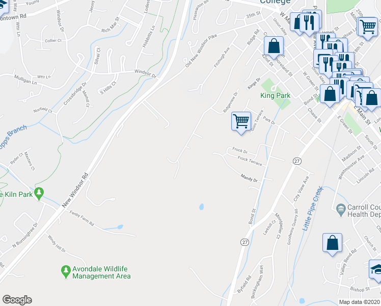 map of restaurants, bars, coffee shops, grocery stores, and more near 97 Ridge Road in Westminster