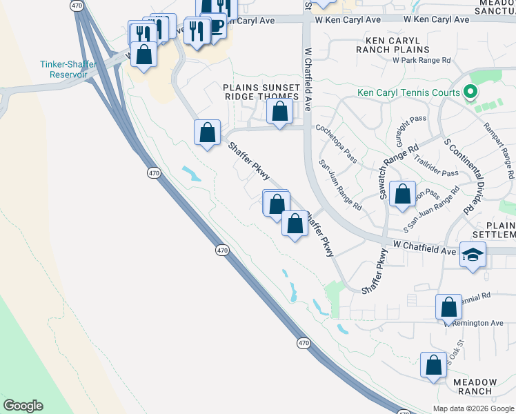 map of restaurants, bars, coffee shops, grocery stores, and more near 11851 West Canyon Avenue in Littleton
