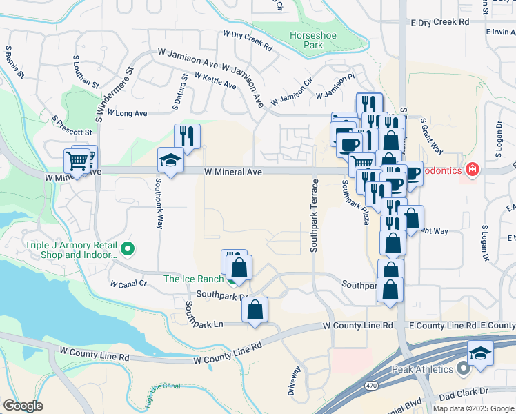 map of restaurants, bars, coffee shops, grocery stores, and more near 700 West Mineral Avenue in Littleton